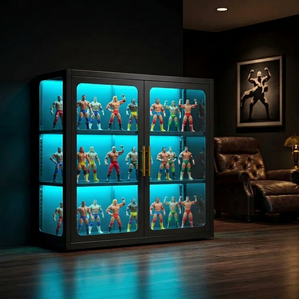 Gold Standard Signature RGB Collector Cabinet lit up in a dark man cave, filled with wrestling action figures