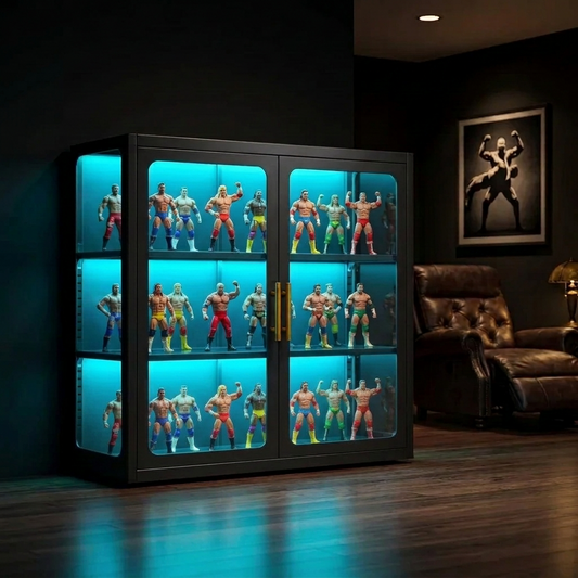 Gold Standard Signature RGB Collector Cabinet lit up in a dark man cave, filled with wrestling action figures